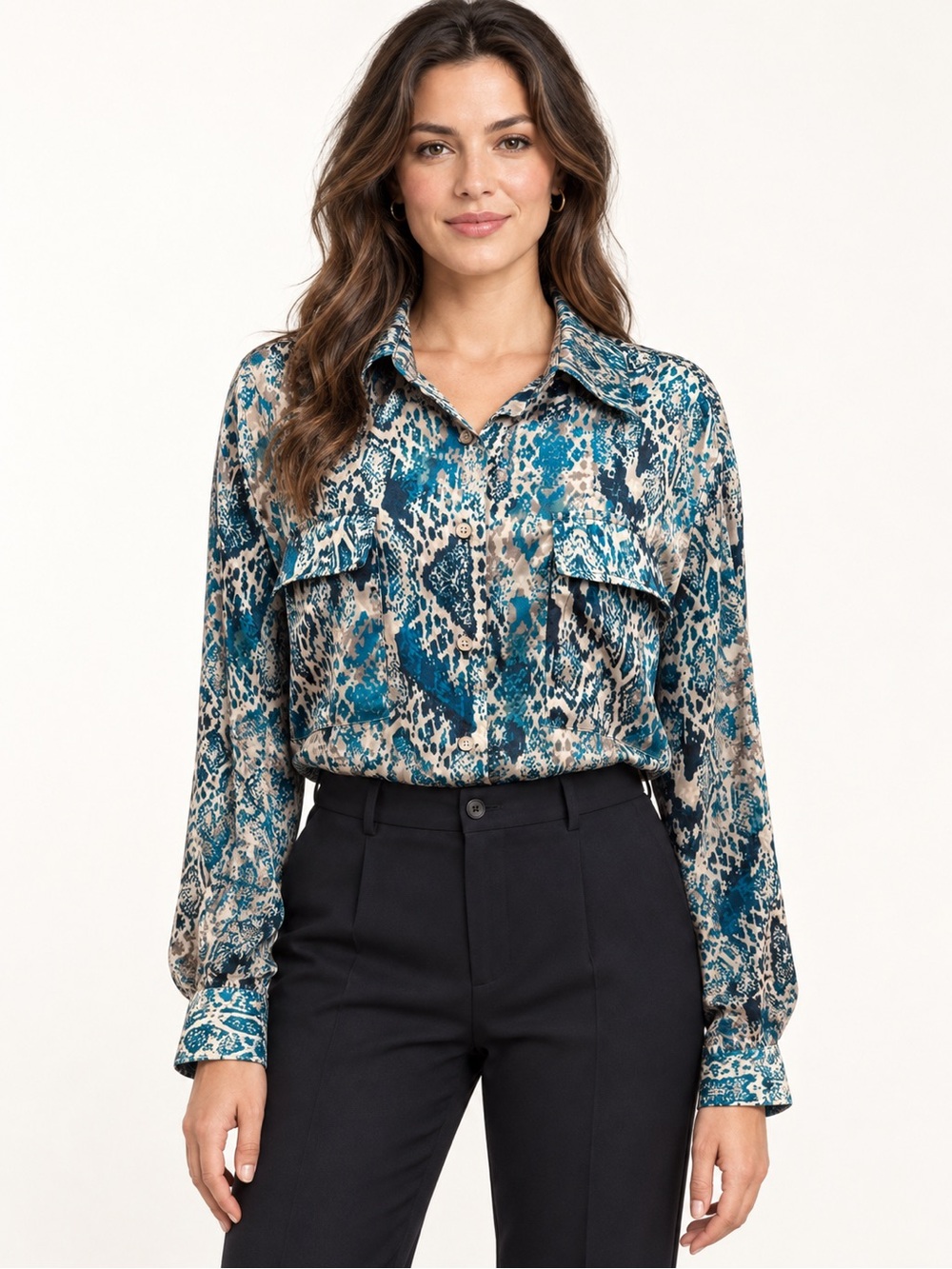 Jones New York Teal and Beige Snake-Print Button-Down Shirt